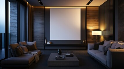 Modern living room at night with blank canvas, balcony view