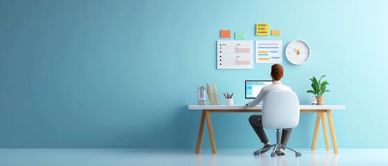 Executive coach cartoon with floating task list and focus icon, productivity and time management, 3D illustration