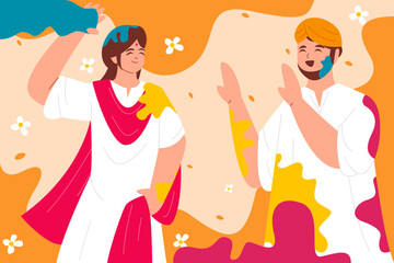 A vibrant Holi celebration with people joyfully throwing colorful powder.