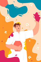 An expressive portrait of a person celebrating Holi with vibrant powder and a joyful face.