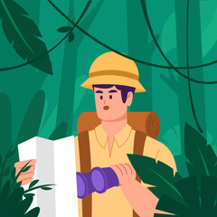 A spirited young explorer with a rugged hat and binoculars stands in a lush forest, capturing the thrill of discovery and natural wonder.
