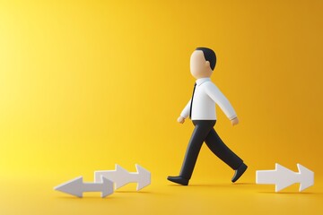 Executive coach cartoon in motion, walking across arrows of success and business direction, 3D illustration
