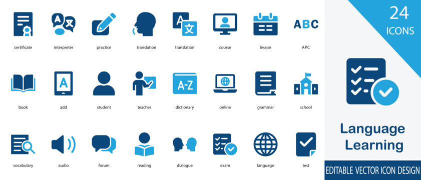 A creative vector illustration icon set. representing language learning and education. Features include online courses, mobile apps, global communication, students with books, and multilingual develop