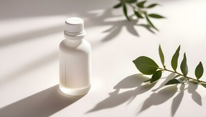 White cosmetic bottle with essential oil on a white background with shadows. Cosmetic branding mockup. Skin care concept