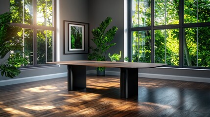 Fototapeta premium Modern conference table in sunlit room with forest view