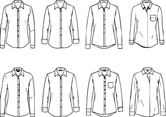 Eight different long sleeve shirts are illustrated in black and white line art showcasing various styles for fashion design resources.