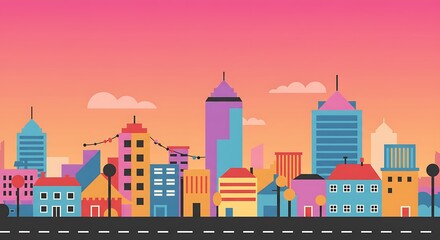 Obraz premium Flat cartoon cityscape with vibrant colors and simple geometric shapes