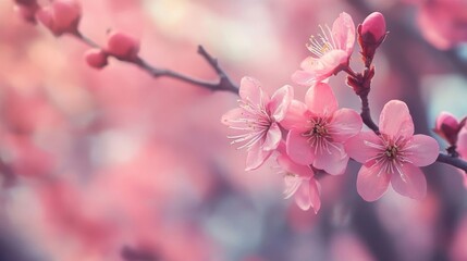 Obraz premium Pink Cherry Blossoms Branch Closeup Springtime