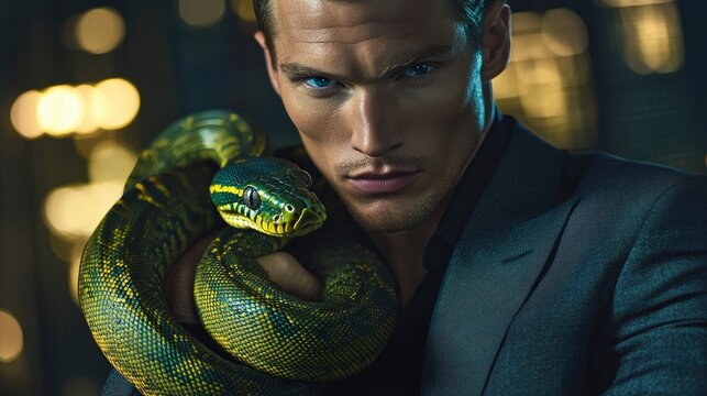 A sophisticated man with intense blue eyes and a strong jawline poses with a coiled emerald-green tree python