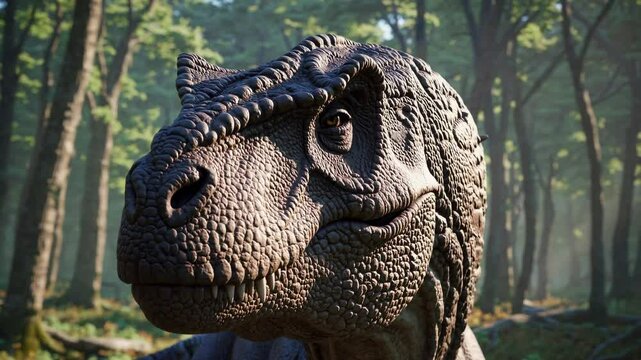 A realistic Tyrannosaurus rex stands in a dense prehistoric forest. The dinosaur has a robust body, sharp teeth, and textured skin, showcasing its role as an apex predator