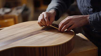 A musician tuning a guitar before a performance. Featuring careful tuning and technical skill