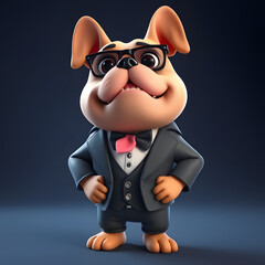3d bulldog in a suit and tie wearing glasses