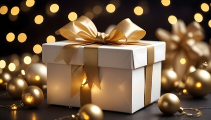 White gift box and gold Christmas decor on a black background, Christmas card. Christmas composition.