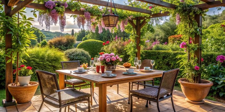 Une table de jardin avec des accessoires de d?coration sur une pergole entour?e de fleurs et de feuilles vertes dans un jardin espagnol, natural light, kitchen table outdoor furniture
