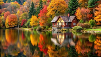 Fototapeta premium Autumn Cottage by the Lake, nature scenery, foliage, nature scenery, foliage,cottage