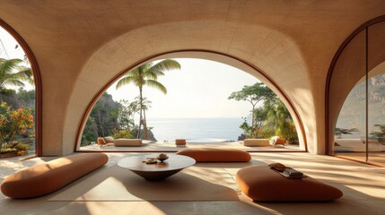 Fototapeta premium Modern Minimalist Beige Interior Design Ocean View