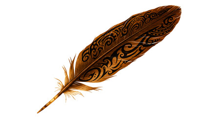A brown feather with tribal patterns on a black background in close up detailed illustration