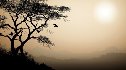Silhouette tree, birds, misty mountains, sunrise/sunset