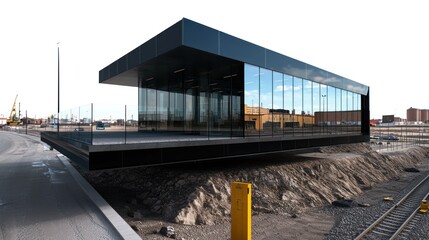 Obraz premium Modern black building on elevated platform near construction site