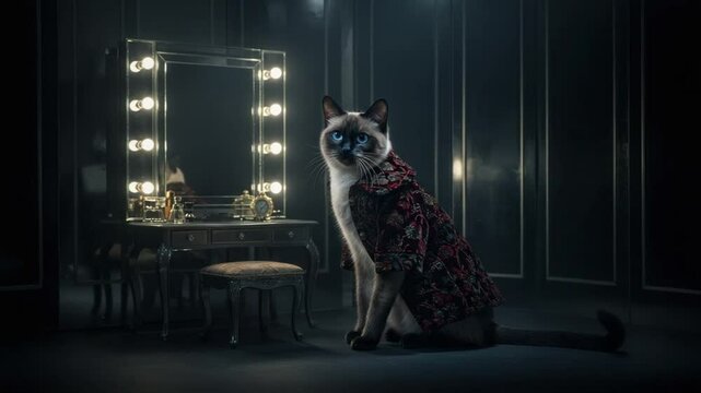 Elegant Cat Posing Darkly Lit Vanity. AI Generated