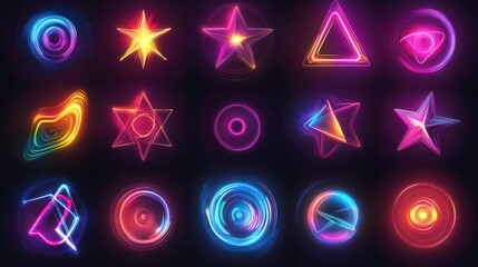 A vibrant collection of colorful geometric shapes and patterns, featuring stars, circles, and triangles, all glowing with a neon effect.