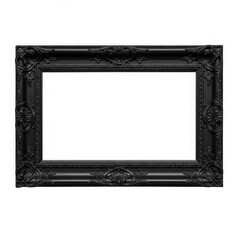 Ornate black picture frame with intricate details on a white background in a studio setting