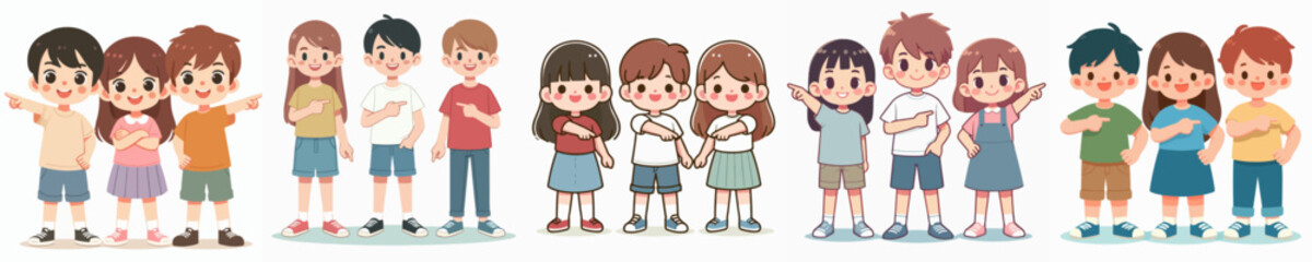Vector collection of a group of children standing together with cheerful and friendly expressions, reflecting the joy and togetherness of childhood.