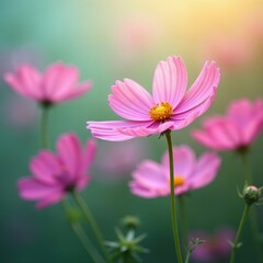 Obraz premium Delicate cosmos blossoms, vibrant hues against soft spring backdrop, springtime, wildflower, macro