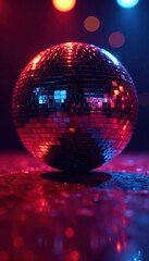Disco ball's multifaceted reflections shimmer across a vibrant dance floor , shine, bright