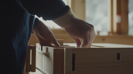 Carpenter assembling wooden desk. Indoor workshop setup