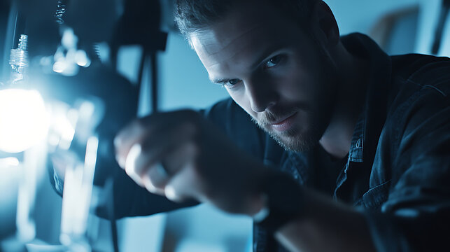 A photographer adjusting the lighting setup. Featuring attention to detail and technical expertise