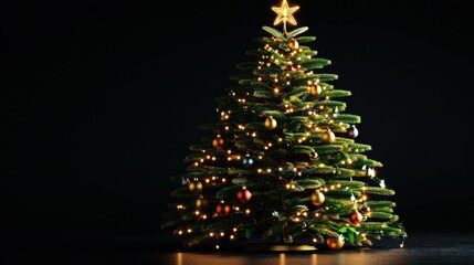 A Beautifully Decorated Christmas Tree with Warm White Lights and Colorful Ornaments Against a Black Background Topped with a Shining Star
