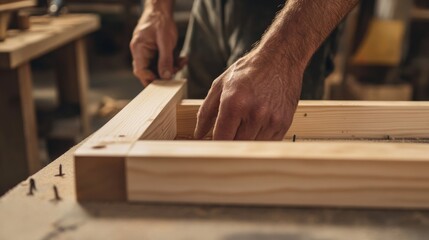 Carpenter assembling wooden frame. Indoor workshop