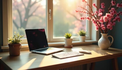 Fototapeta premium Empty desk, sunlight, spring blossoms, fresh start, free, fresh, spring