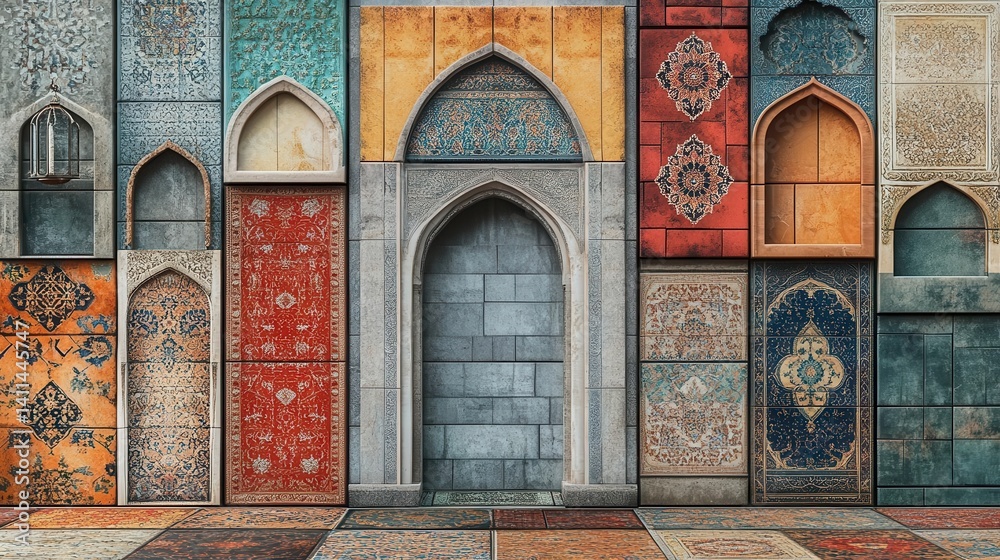 Poster a vibrant mural displaying intricate architectural designs with colorful patterns and textures on va