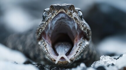 An up close image depicts a snake with an open mouth