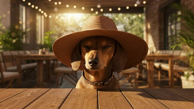 Dachshund patiently waits warm sunlit patio charming summer ambiance. AI Generated