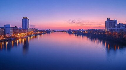 Naklejka premium City Skyline at Sunset with River Reflections