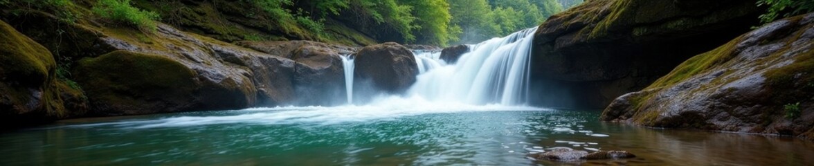 Fototapeta premium Wet rocks, cascading water, Punchbowl Falls foreground , Oregon, stream