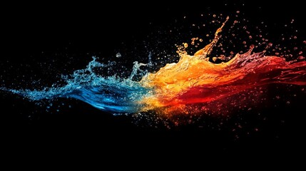 Abstract Blue Orange Red Water Splash on Black Background