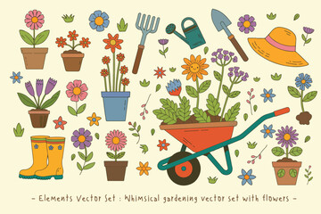 Whimsical gardening vector set with flowers, pots, tools, and wheelbarrow. Cozy cottagecore style perfect for spring, garden, and floral designs.