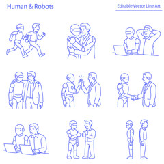 Vector line art of humans and robots interacting in various scenarios like teamwork, friendship, coding, handshake, high-five. Robots, humans, AI, teamwork, line art, vector, collaboration, tech,icons