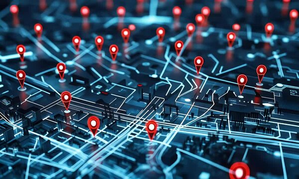 Futuristic digital map interface showing glowing GPS location markers on a city grid, representing advanced navigation, tracking, and geolocation tech.