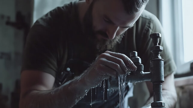 A plumber fixing a leaking pipe. Featuring technical expertise and tools