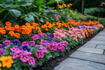 Fototapeta premium Vibrant flowerbed with colorful pansies