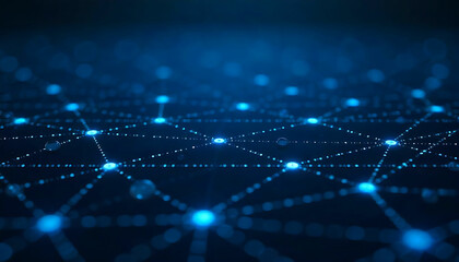 A digital network with interconnected nodes and lines glowing in shades of blue on a dark background