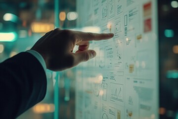 Business professional analyzing data visualizations on a digital display in an office