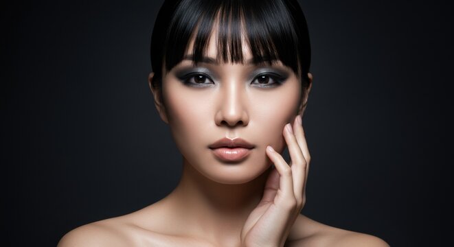 Beautiful Asian woman with smokey eye makeup and hand on face