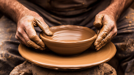 A potter shaping clay on a spinning wheel. Featuring hands-on artistry and smooth texture