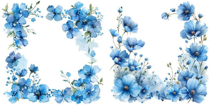 abstract sky blue flowers frame border watercolor vector illustration